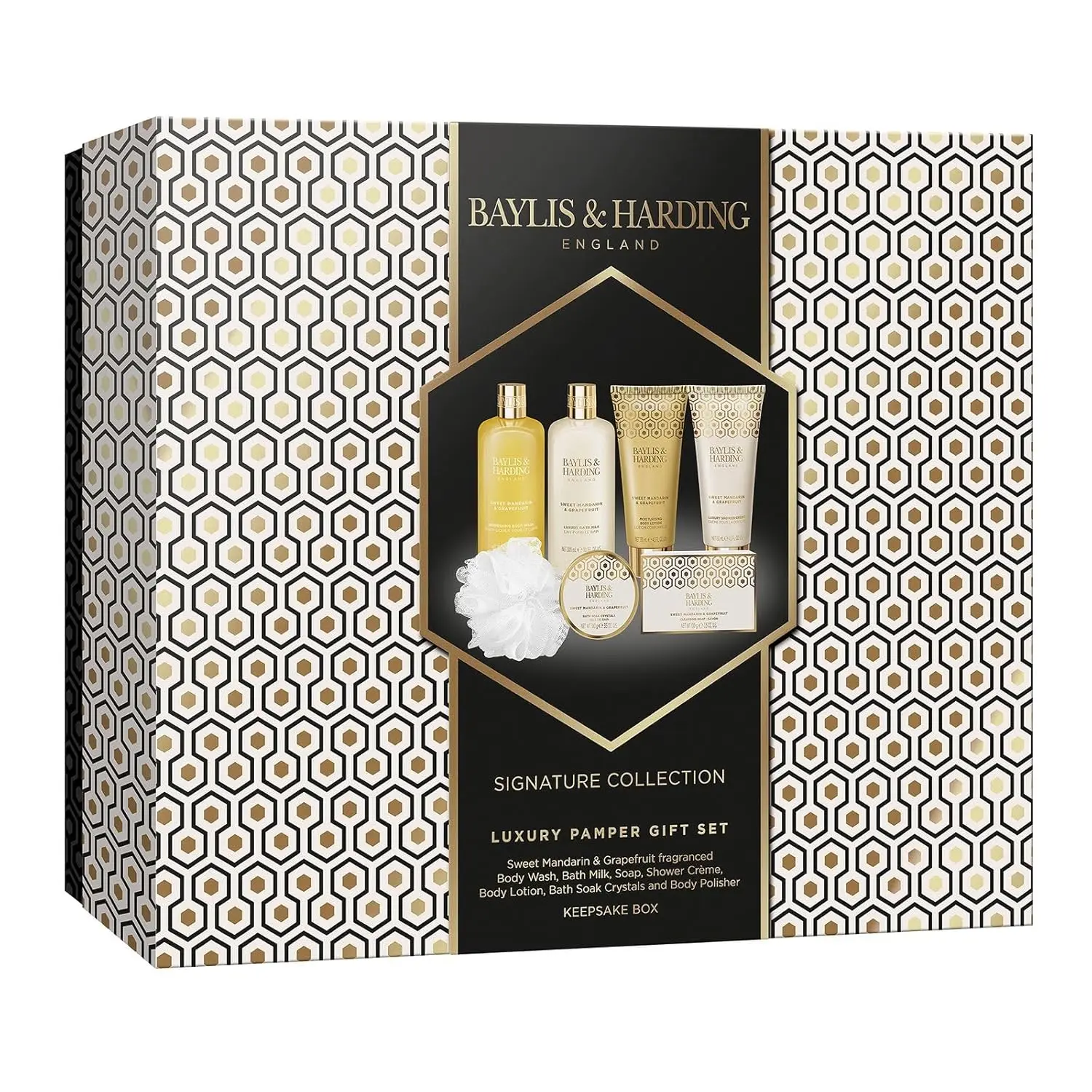 This luxury bath gift set for women includes vegan and cruelty-free body wash, bath milk, shower creme, body lotion, soap, bath soak crystals, and a body polisher, all scented with refreshing mandarin and grapefruit.