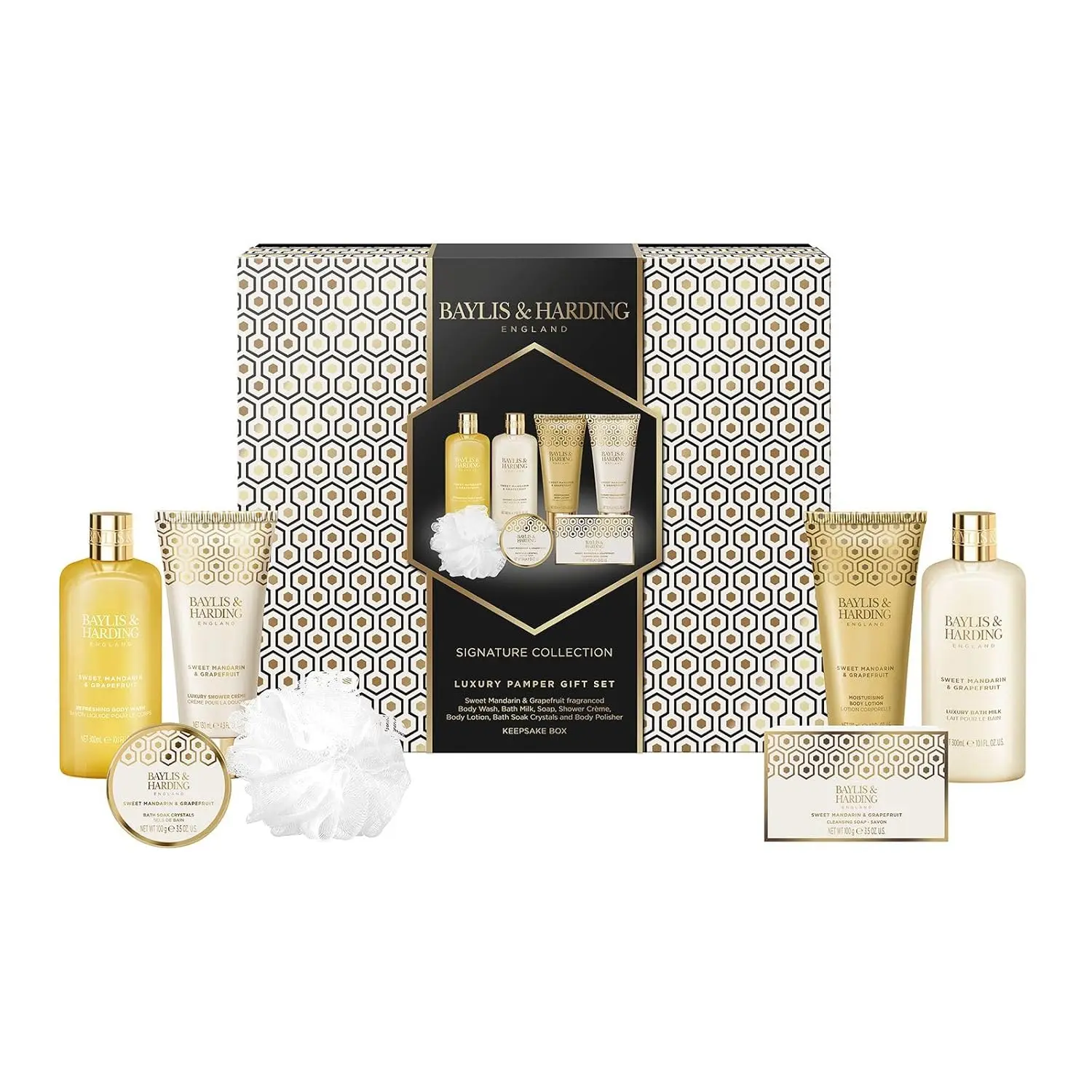This luxury bath gift set for women includes vegan and cruelty-free body wash, bath milk, shower creme, body lotion, soap, bath soak crystals, and a body polisher, all scented with refreshing mandarin and grapefruit.