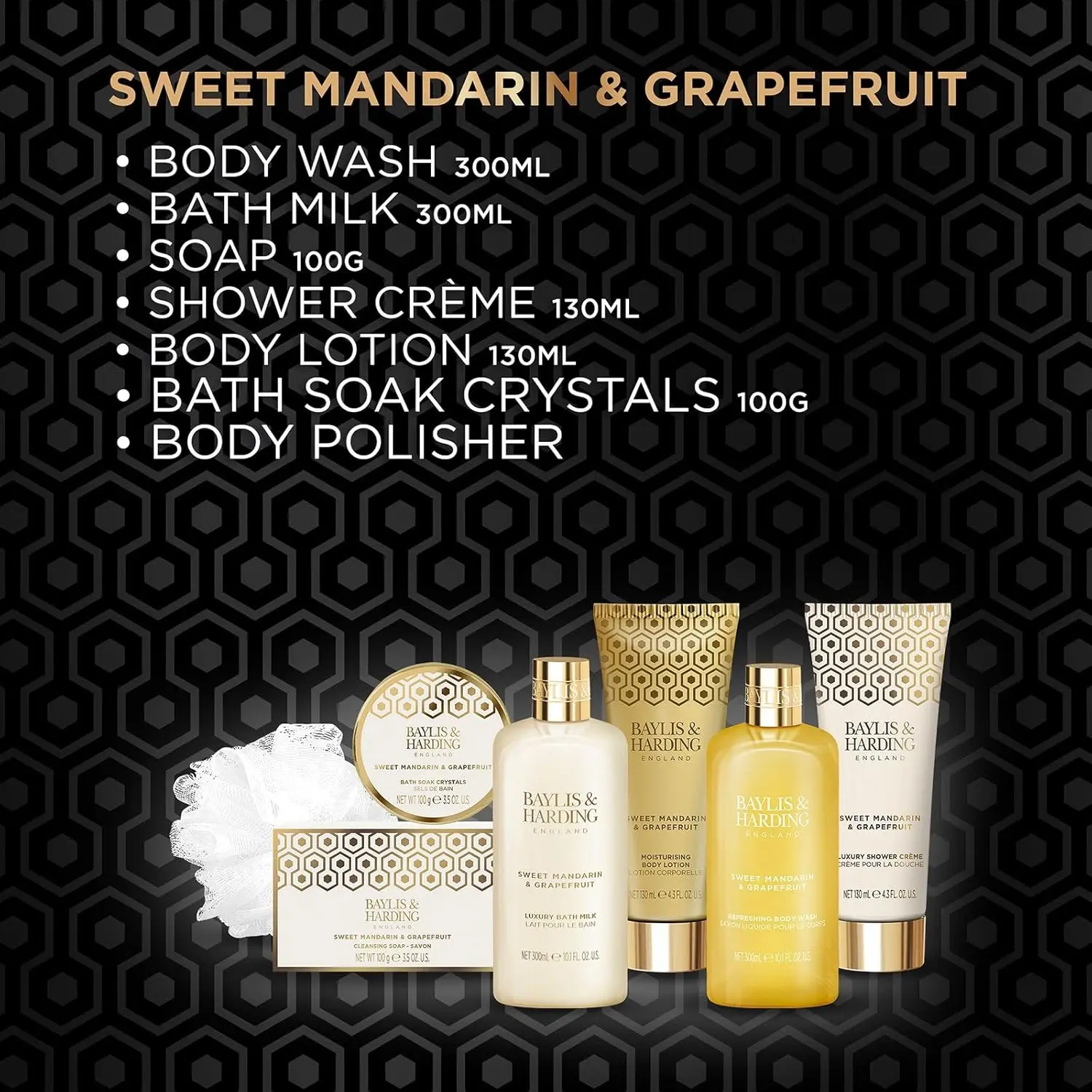 This luxury bath gift set for women includes vegan and cruelty-free body wash, bath milk, shower creme, body lotion, soap, bath soak crystals, and a body polisher, all scented with refreshing mandarin and grapefruit.