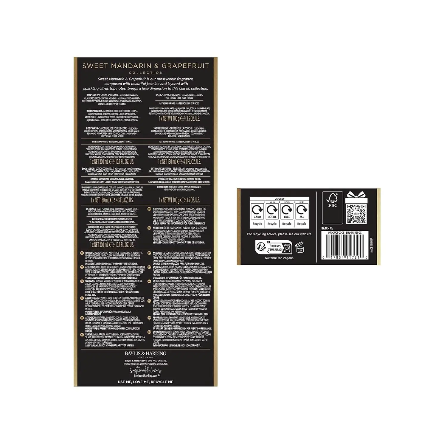 This luxury bath gift set for women includes vegan and cruelty-free body wash, bath milk, shower creme, body lotion, soap, bath soak crystals, and a body polisher, all scented with refreshing mandarin and grapefruit.