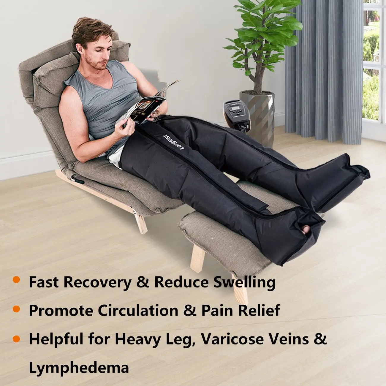 This lymphedema leg compression recovery system provides air compression to reduce swelling and pain while improving circulation.