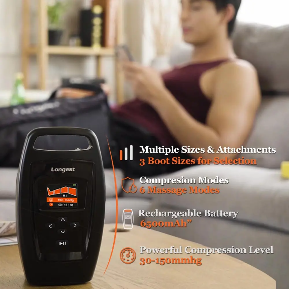 This lymphedema leg compression recovery system provides air compression to reduce swelling and pain while improving circulation.