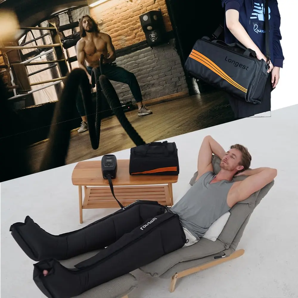 This lymphedema leg compression recovery system provides air compression to reduce swelling and pain while improving circulation.