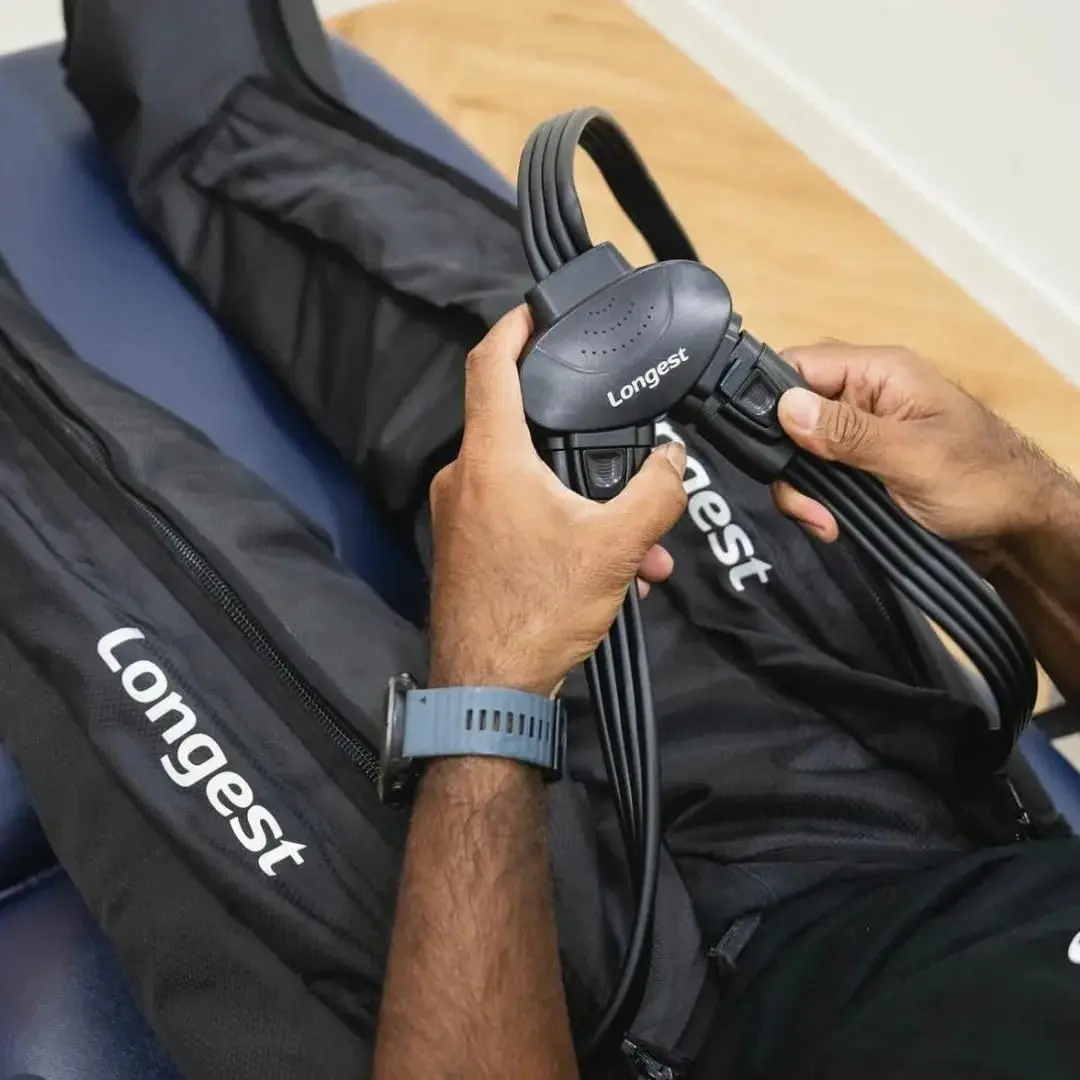 This lymphedema leg compression recovery system provides air compression to reduce swelling and pain while improving circulation.