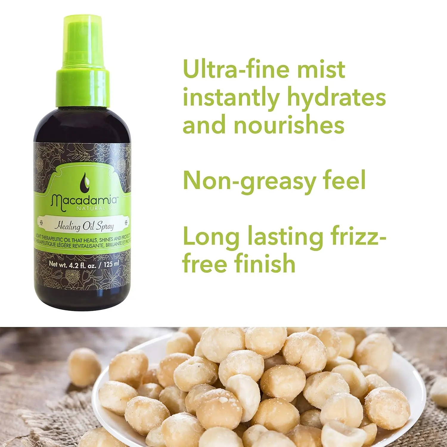 A white bottle of Macadamia Healing Oil Spray designed to instantly hydrate, nourish, and replenish moisture for tangle and frizz-free hair after swimming.