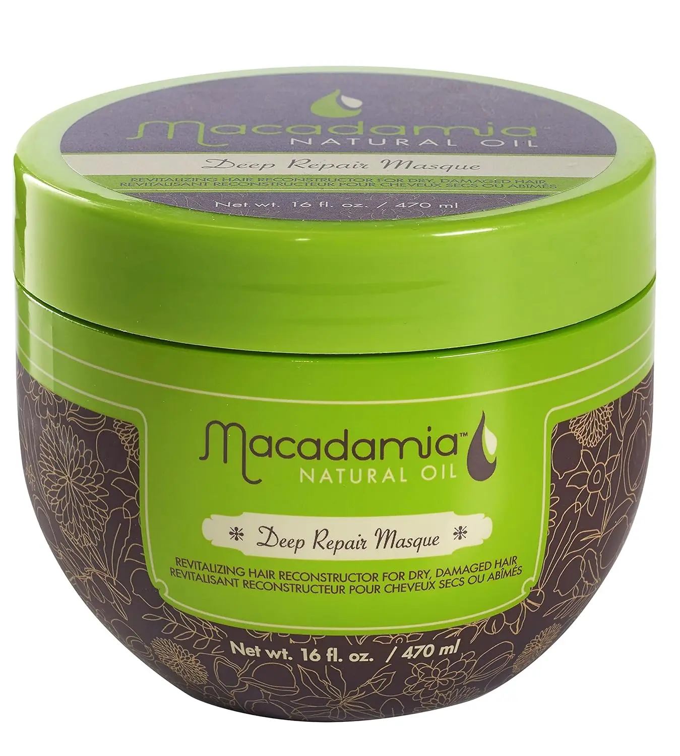 A hydrating macadamia oil deep repair hair mask reconstructs and rebuilds hair, providing deep hydration and improved shine and elasticity while eliminating frizz.