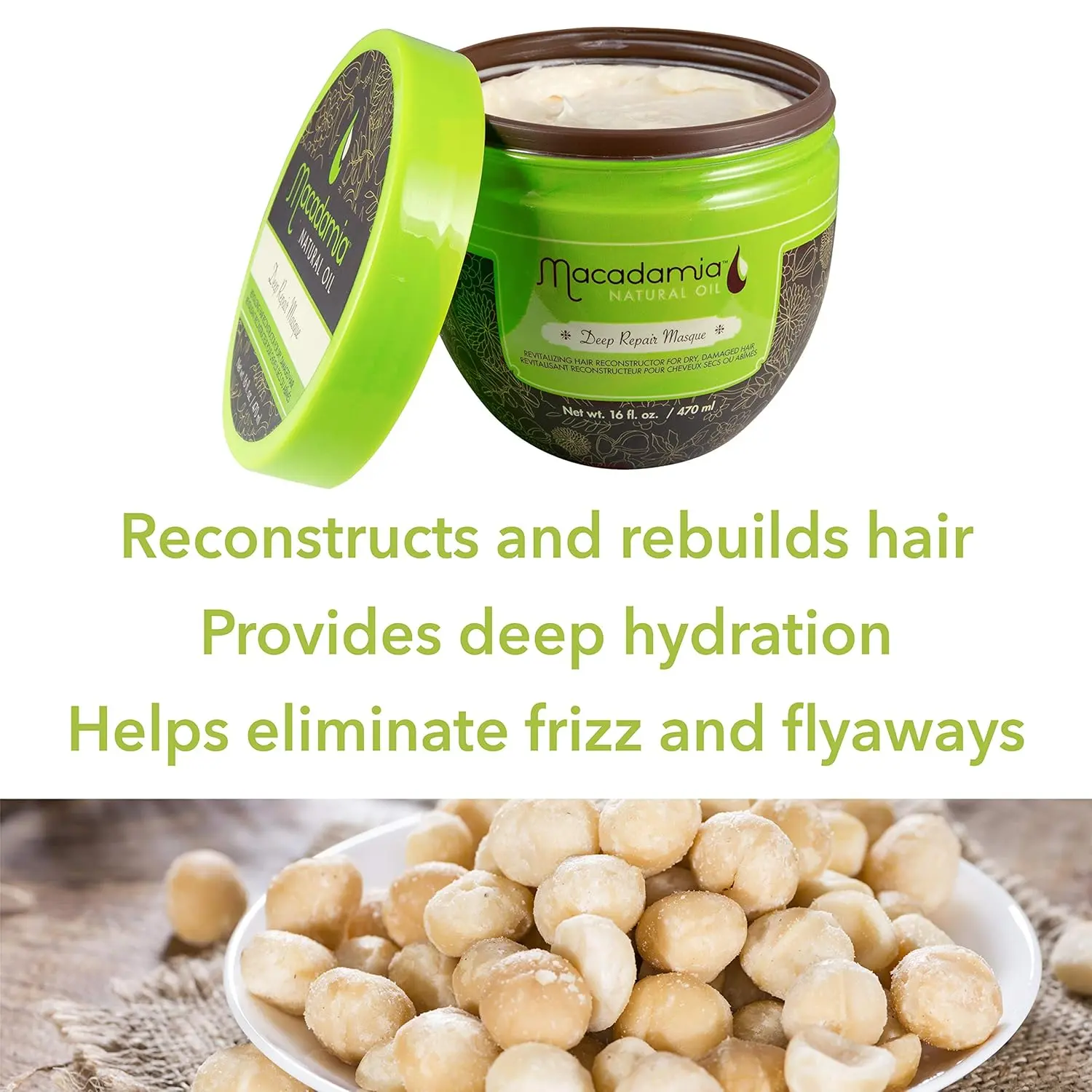 A hydrating macadamia oil deep repair hair mask reconstructs and rebuilds hair, providing deep hydration and improved shine and elasticity while eliminating frizz.