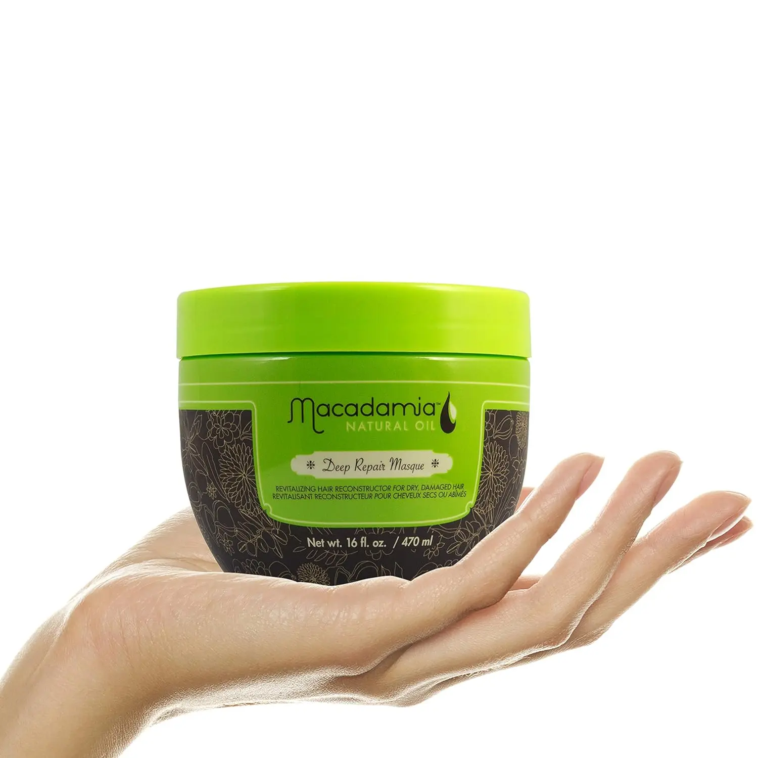 A hydrating macadamia oil deep repair hair mask reconstructs and rebuilds hair, providing deep hydration and improved shine and elasticity while eliminating frizz.