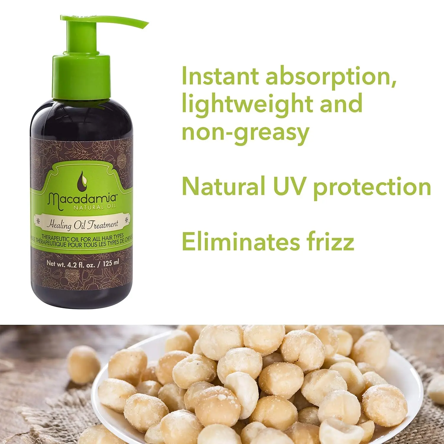 Macadamia Natural Oil Healing Oil Treatment provides intense nourishment, extends the life of color treatments, and reduces drying time for healthier, vibrant hair.