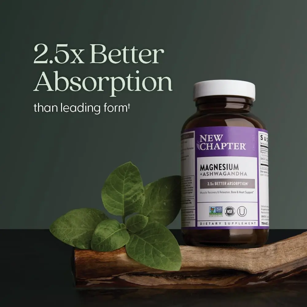 New Chapter Magnesium and Ashwagandha supplement promotes muscle recovery, heart and bone health, calm and relaxation with 2.5x better absorption than leading brands.