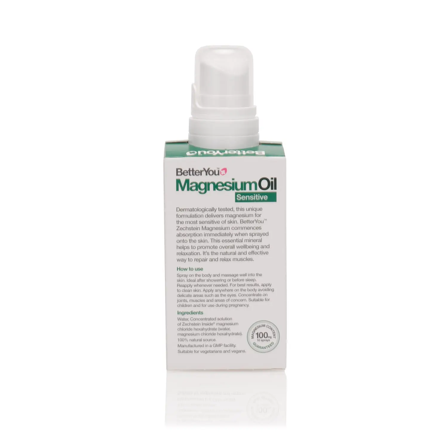 Better You Magnesium Oil Sensitive Spray delivers 100mg of absorbable magnesium per 10 sprays for bone and skin health, and is gentle enough for sensitive skin and pregnancy.