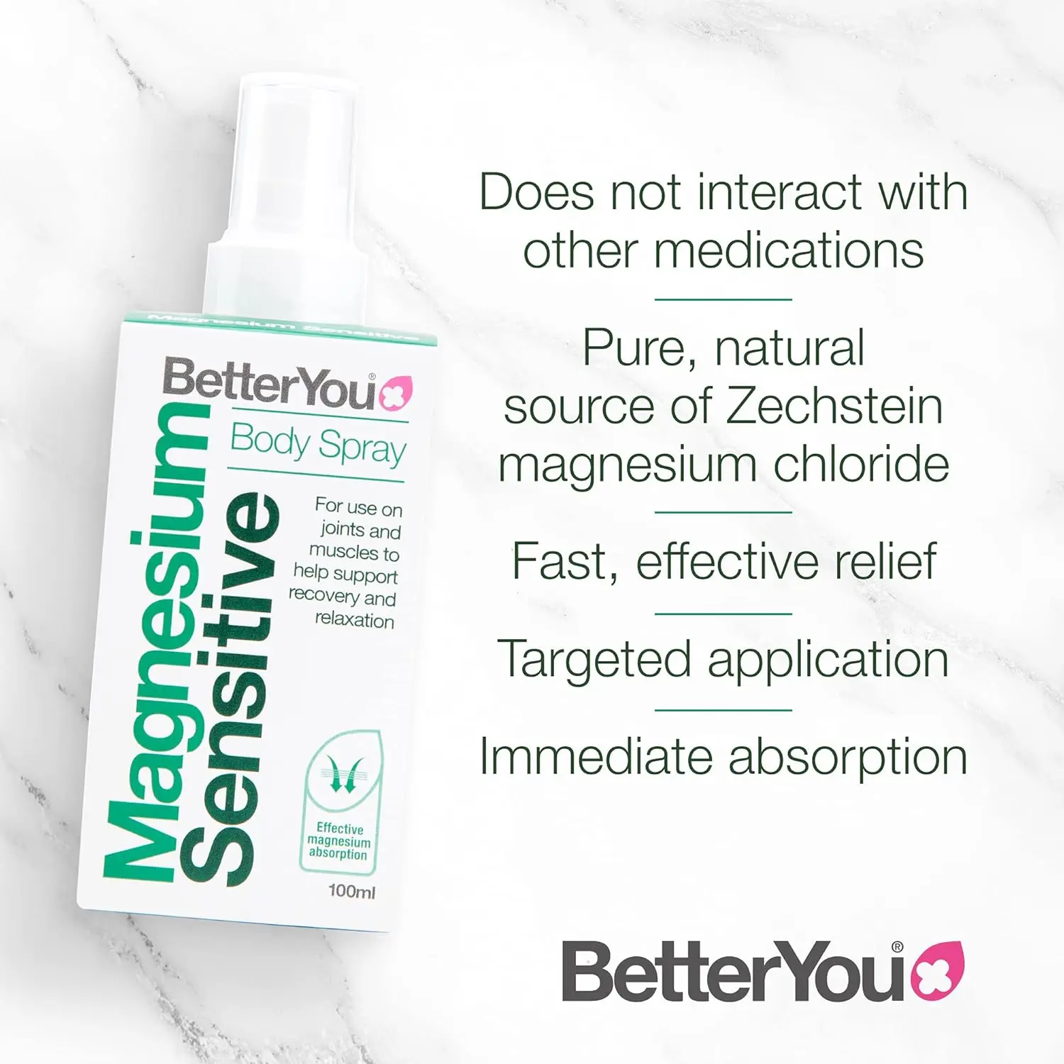 Better You Magnesium Oil Sensitive Spray delivers 100mg of absorbable magnesium per 10 sprays for bone and skin health, and is gentle enough for sensitive skin and pregnancy.
