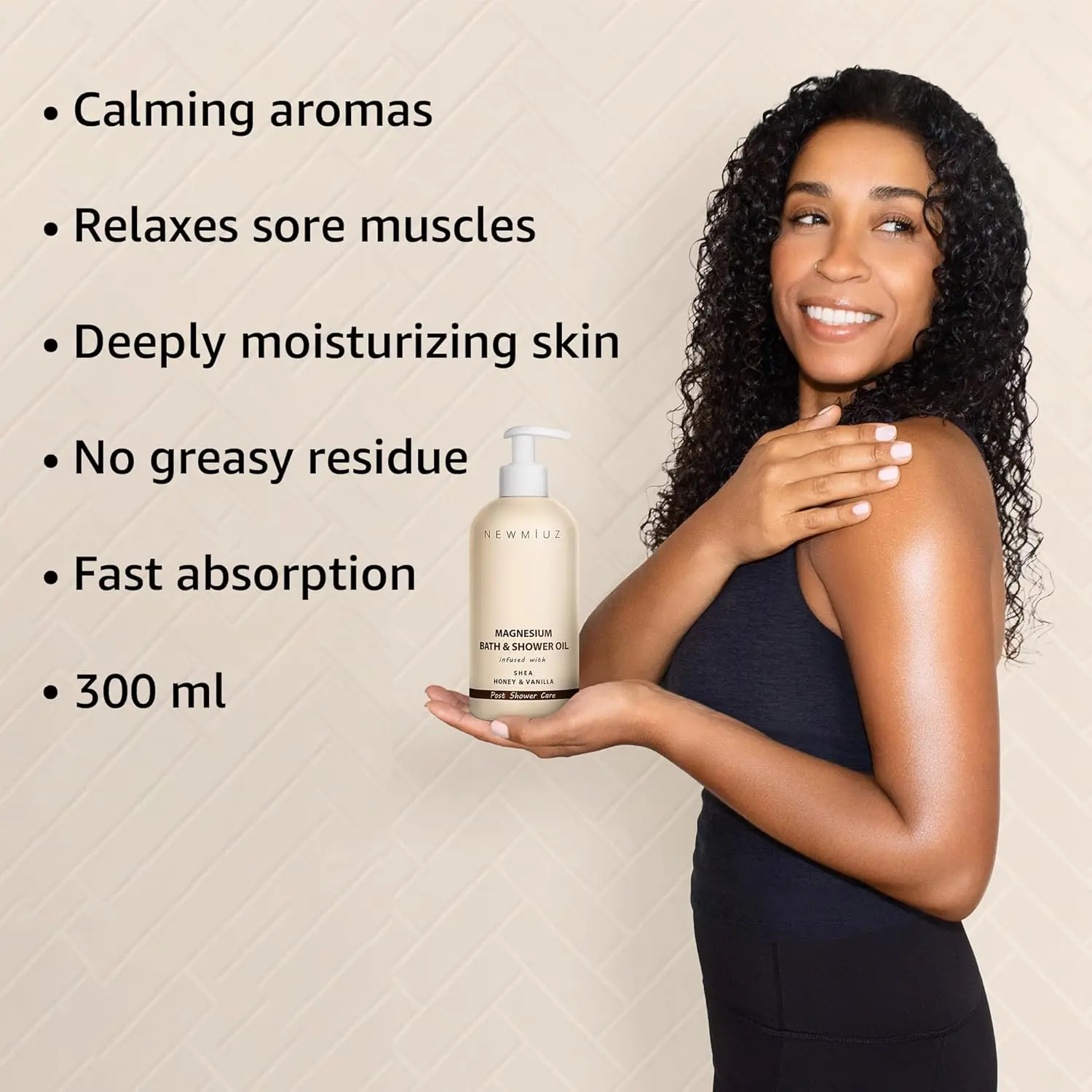 This luxurious magnesium shower oil with shea butter, honey, and vanilla deeply moisturizes dry skin and relaxes muscles for a spa-like experience.