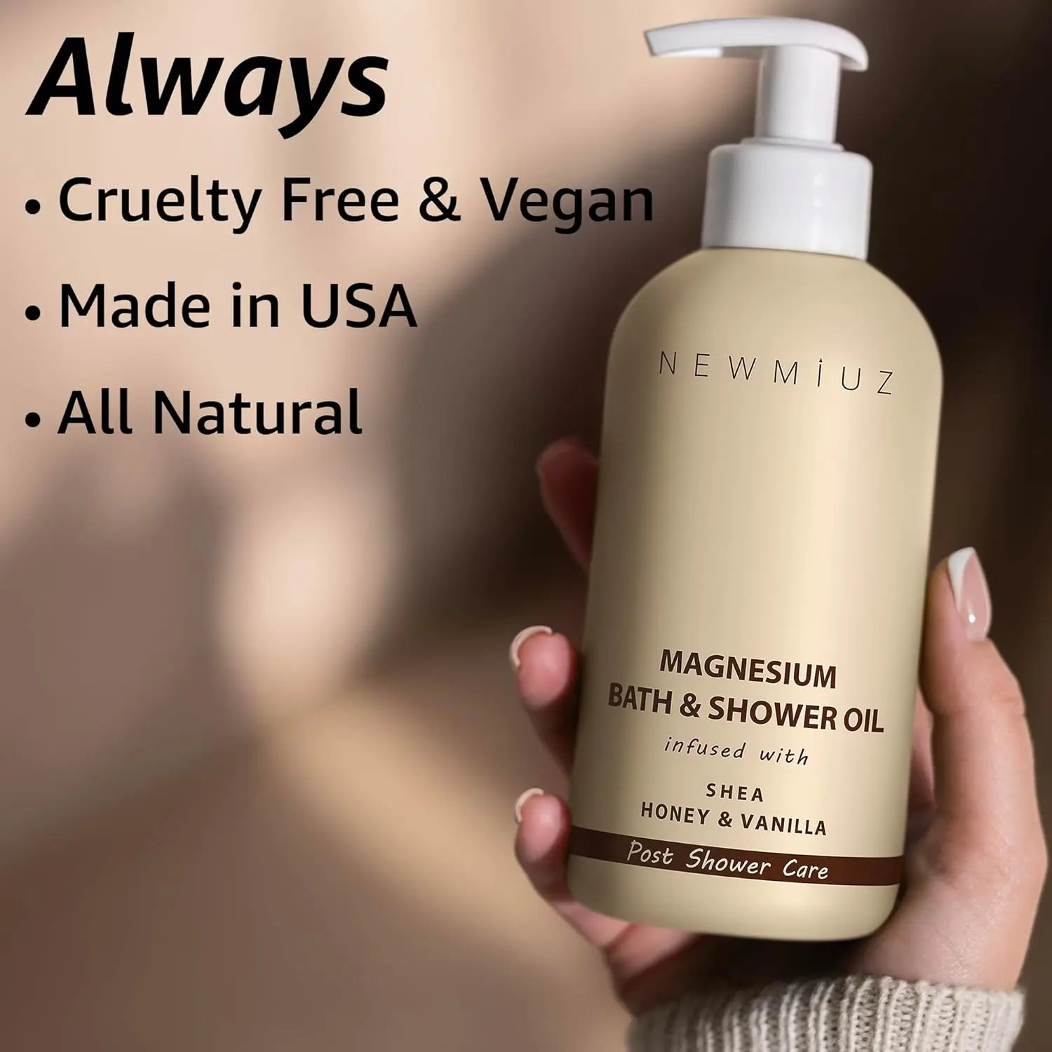 This luxurious magnesium shower oil with shea butter, honey, and vanilla deeply moisturizes dry skin and relaxes muscles for a spa-like experience.