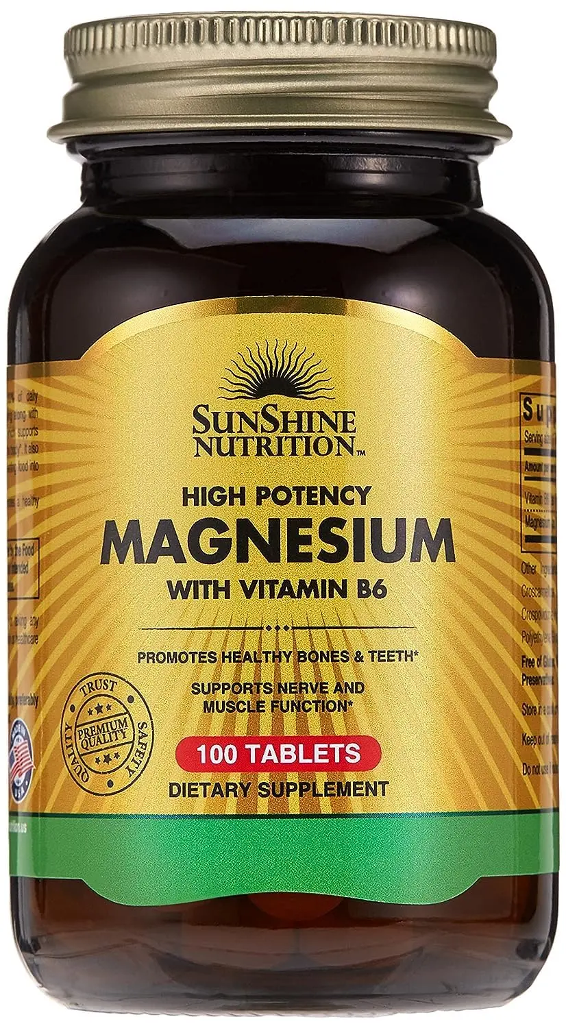 This bottle contains Sunshine Nutrition Magnesium Vitamin B6 tablets, a dietary supplement promoting healthy bones and helping to reduce PMS symptoms such as tiredness, cramps, and irritability, while also supporting healthy blood pressure and metabolic processes.