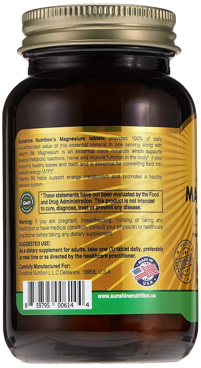 This bottle contains Sunshine Nutrition Magnesium Vitamin B6 tablets, a dietary supplement promoting healthy bones and helping to reduce PMS symptoms such as tiredness, cramps, and irritability, while also supporting healthy blood pressure and metabolic processes.