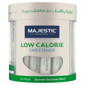 A 100g pouch of Majestic Low Calorie Sweetener, a new generation sugar substitute with authentic sugar taste perfect for diabetics and weight watchers.