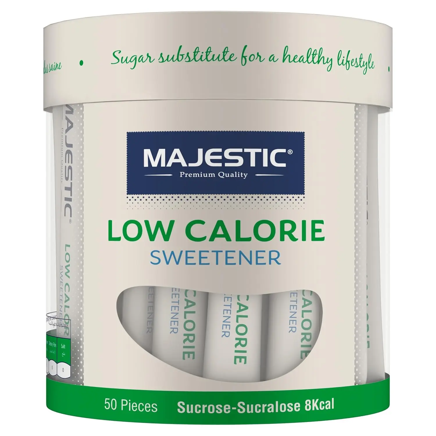 A 100g pouch of Majestic Low Calorie Sweetener, a new generation sugar substitute with authentic sugar taste perfect for diabetics and weight watchers.