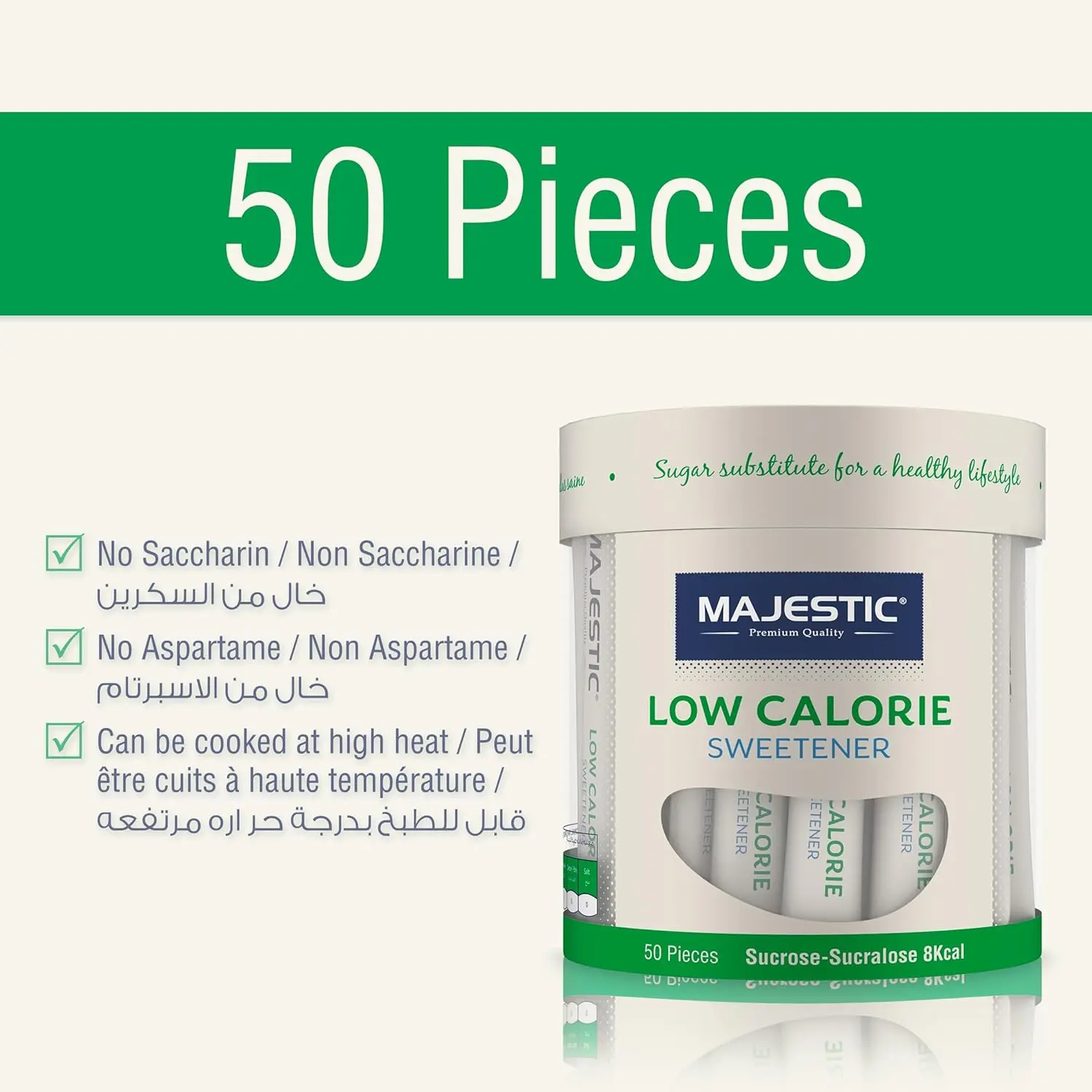 A 100g pouch of Majestic Low Calorie Sweetener, a new generation sugar substitute with authentic sugar taste perfect for diabetics and weight watchers.
