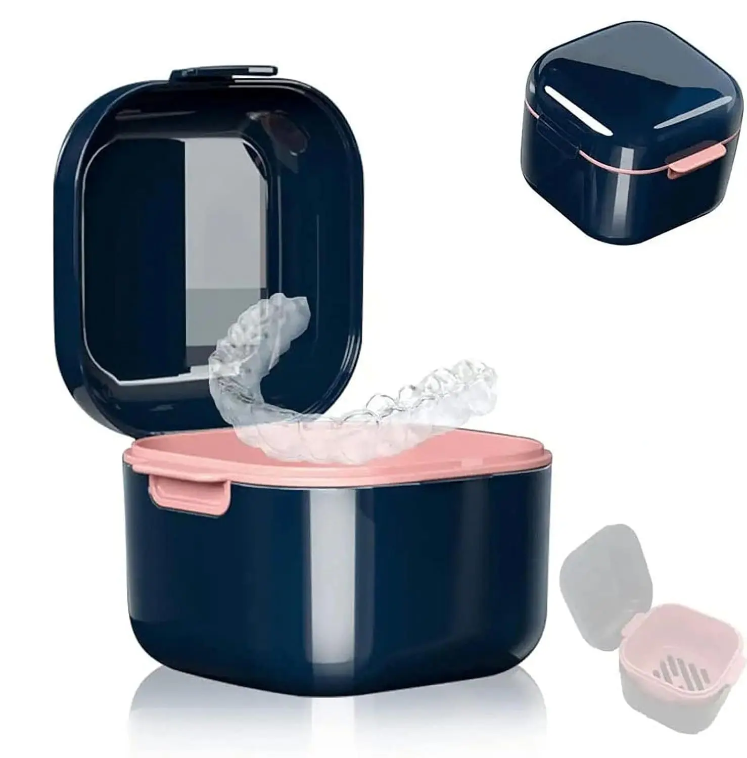 Blue MAKINGTEC solid retainer case with a hinged lid for storing and cleaning orthodontic dental retainers.