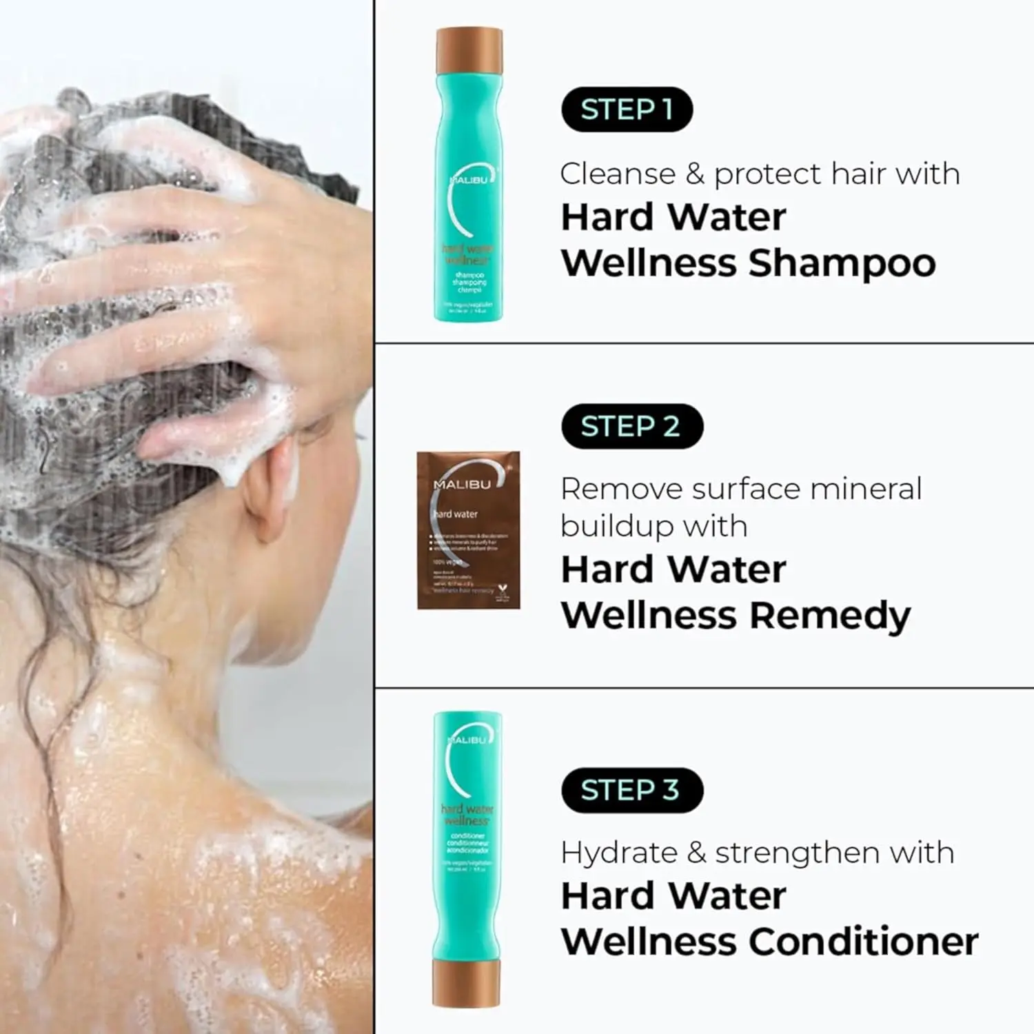 This Malibu C Hard Water Wellness Collection includes shampoo, conditioner and hard water treatments to remove mineral buildup and hydrate dry, damaged hair.