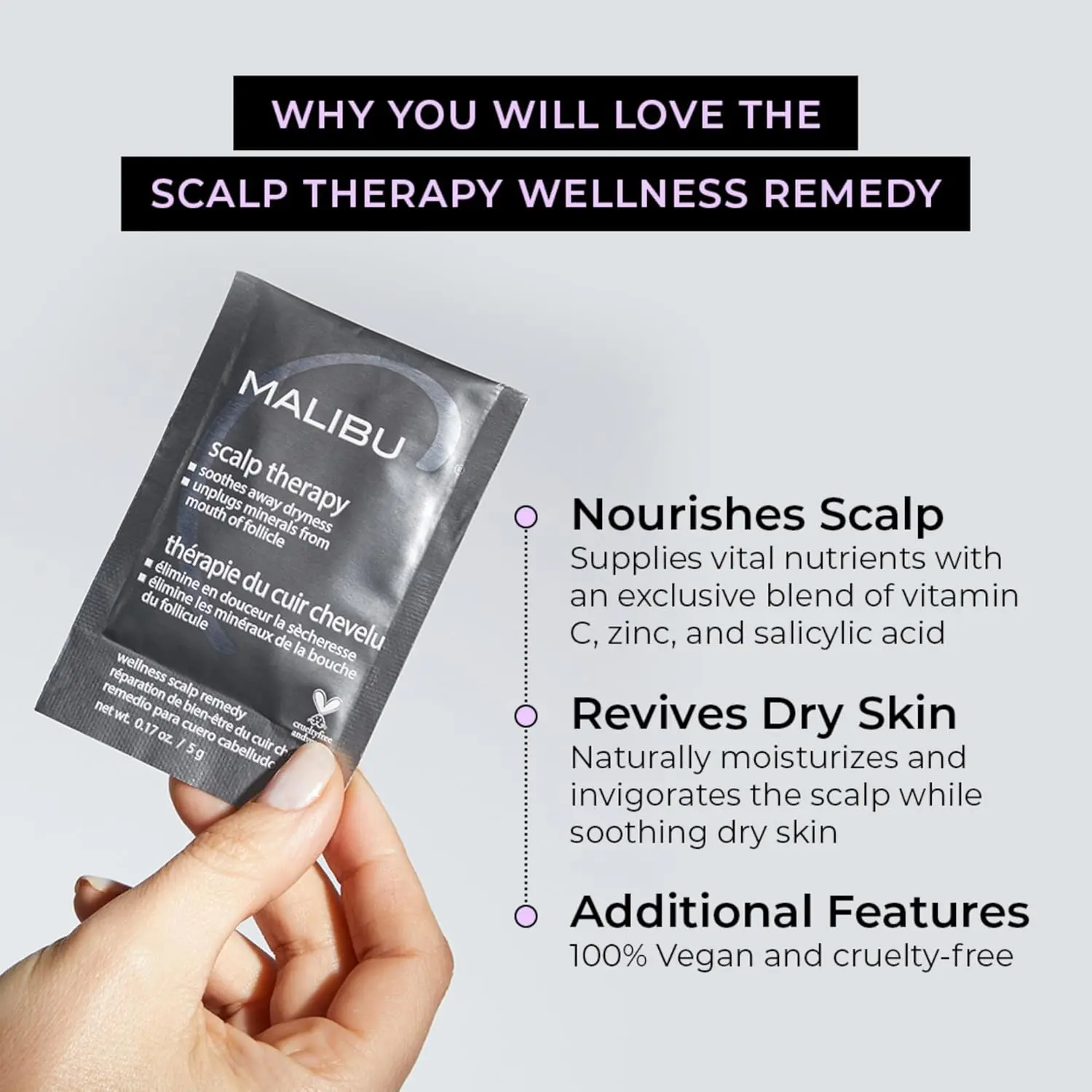 Malibu C Scalp Therapy is a vegan scalp scrub with Vitamin C that gently exfoliates, moisturizes, and soothes dry scalp while improving manageability and blood flow for a healthier scalp.