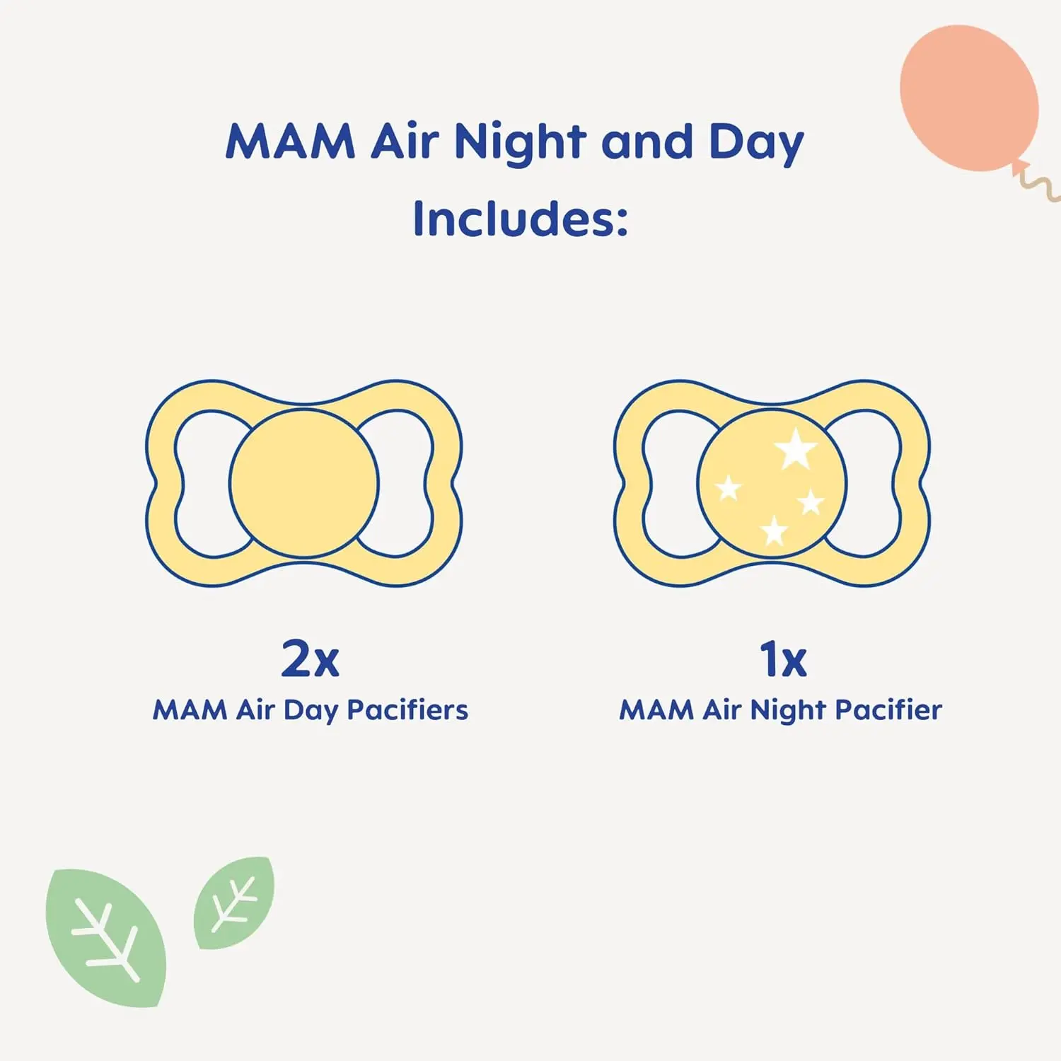Pack of three MAM Air Day & Night pacifiers designed for sensitive skin and babies 6-16 months, featuring a glow-in-the-dark design for nighttime use and open airflow for comfort.