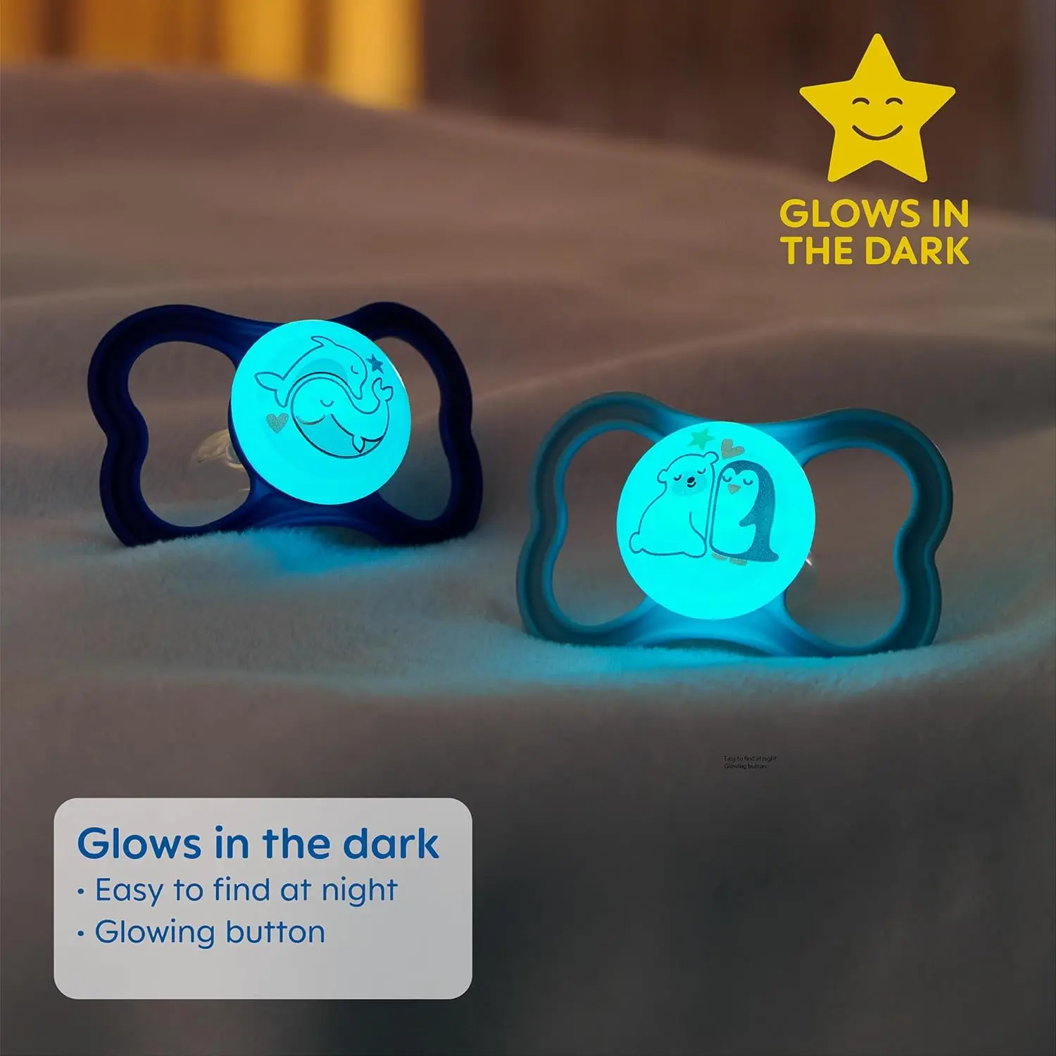 Pack of three MAM Air Day & Night pacifiers designed for sensitive skin and babies 6-16 months, featuring a glow-in-the-dark design for nighttime use and open airflow for comfort.