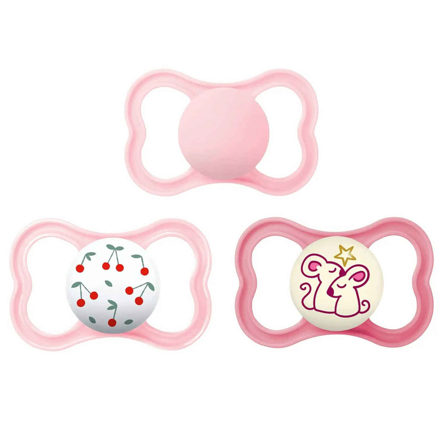 Pack of three MAM Air Day & Night pacifiers designed for sensitive skin and babies 6-16 months, featuring a glow-in-the-dark design for nighttime use and open airflow for comfort.