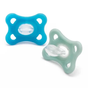 The MAM Comfort all-silicone soothers in grey and blue, designed for babies 3-12 months, feature a SkinSoft teat accepted by 94% of babies and come with a sterilizing travel case for hygiene.