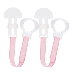 Two pink MAM dummy clips, designed to fit all MAM soothers and other button-style soothers, with adjustable length and a lightweight, washable ribbon for secure attachment.
