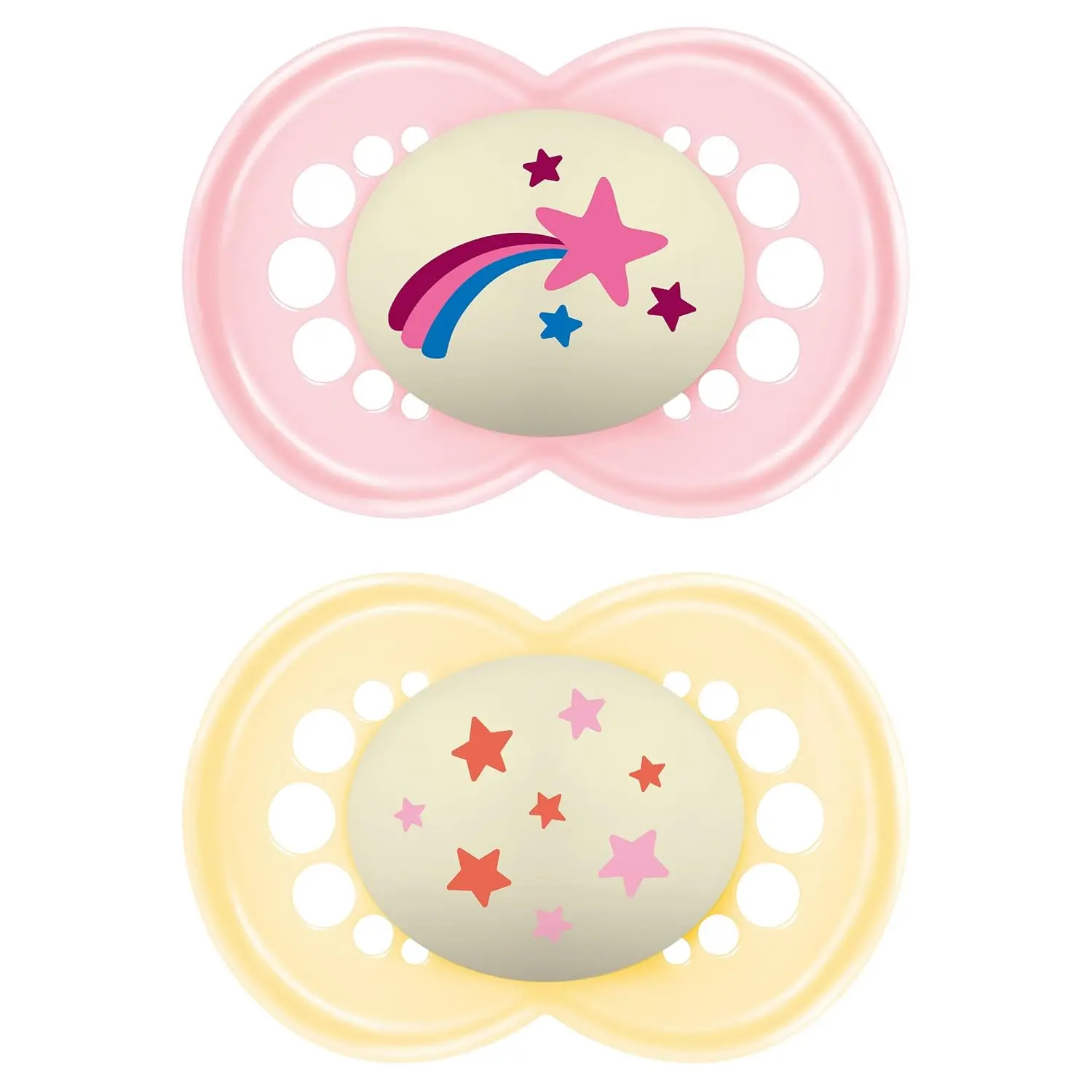 This image shows two MAM glow in the dark pacifiers for babies 6+ months, designed for breastfed babies and featuring a self-sterilizing case for convenient cleaning.