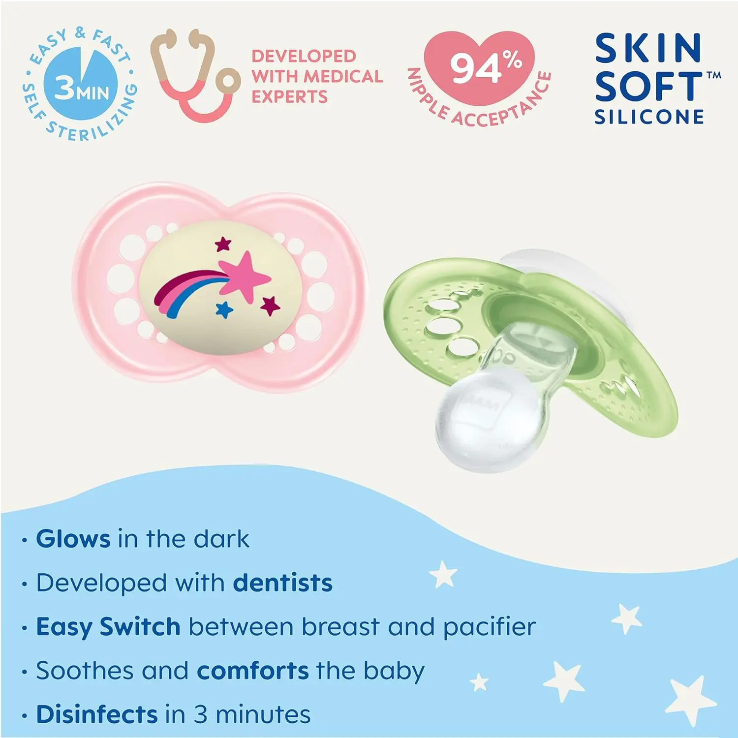 This image shows two MAM glow in the dark pacifiers for babies 6+ months, designed for breastfed babies and featuring a self-sterilizing case for convenient cleaning.