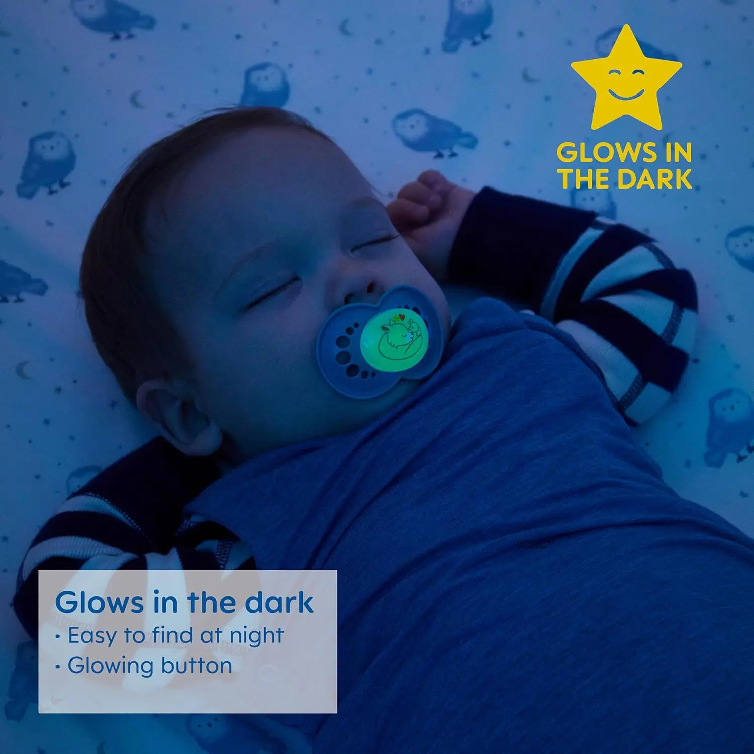 This image shows two MAM glow in the dark pacifiers for babies 6+ months, designed for breastfed babies and featuring a self-sterilizing case for convenient cleaning.