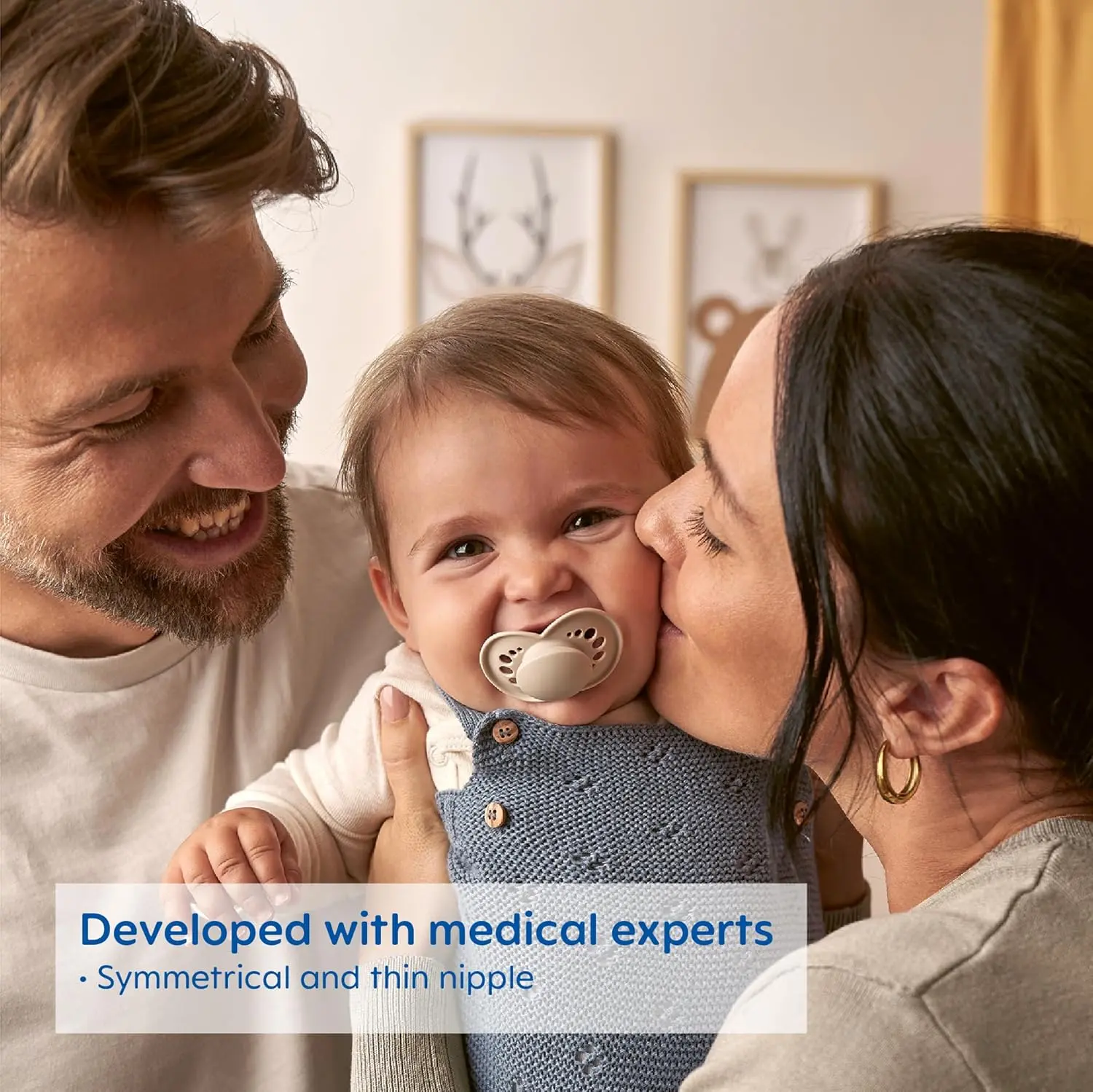 This image shows two MAM glow in the dark pacifiers for babies 6+ months, designed for breastfed babies and featuring a self-sterilizing case for convenient cleaning.