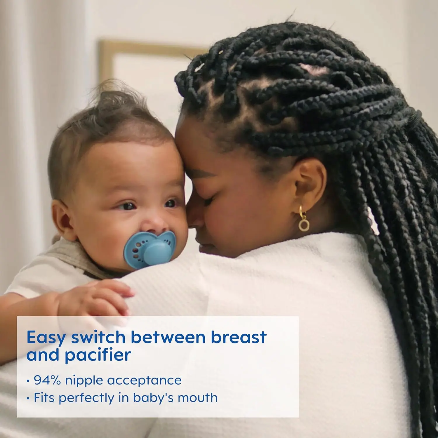 This image shows two MAM glow in the dark pacifiers for babies 6+ months, designed for breastfed babies and featuring a self-sterilizing case for convenient cleaning.