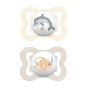 This two-pack of MAM Mini Air Pacifiers is designed for babies 0-6 months with sensitive skin, featuring extra-large openings for airflow and a symmetrical shape for proper oral development.
