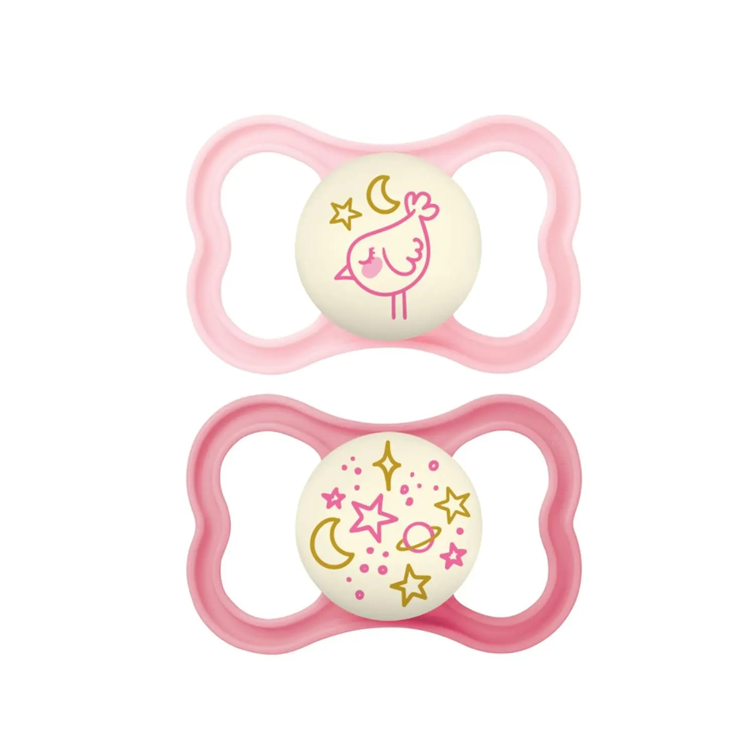 This image shows a two-pack of MAM Supreme Night pacifiers for girls, sized for babies 6-16 months, featuring a glow-in-the-dark button, SkinSoft silicone nipple, and a ventilated shield designed for sensitive skin.
