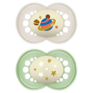 Two MAM night pacifiers for babies 6-16 months that glow in the dark and come with a self-sterilizing case for easy cleaning and storage.