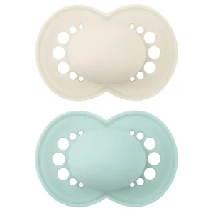 Two unisex MAM original matte pacifiers for babies 6 months and older, featuring SkinSoft silicone and a sterilizing case.