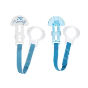 Two MAM pacifier clips with flexible rings and fasteners, designed for boys and compatible with most pacifier brands to keep them clean and secure.
