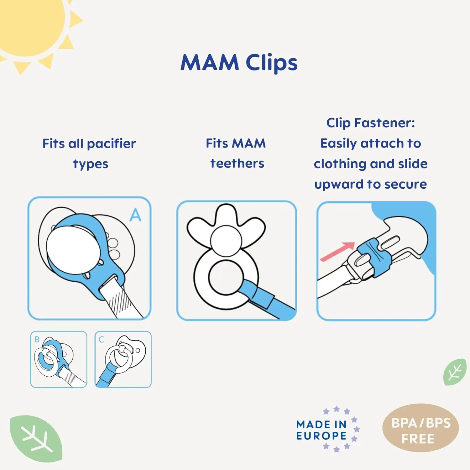 Two MAM pacifier clips with flexible rings and fasteners, designed for boys and compatible with most pacifier brands to keep them clean and secure.