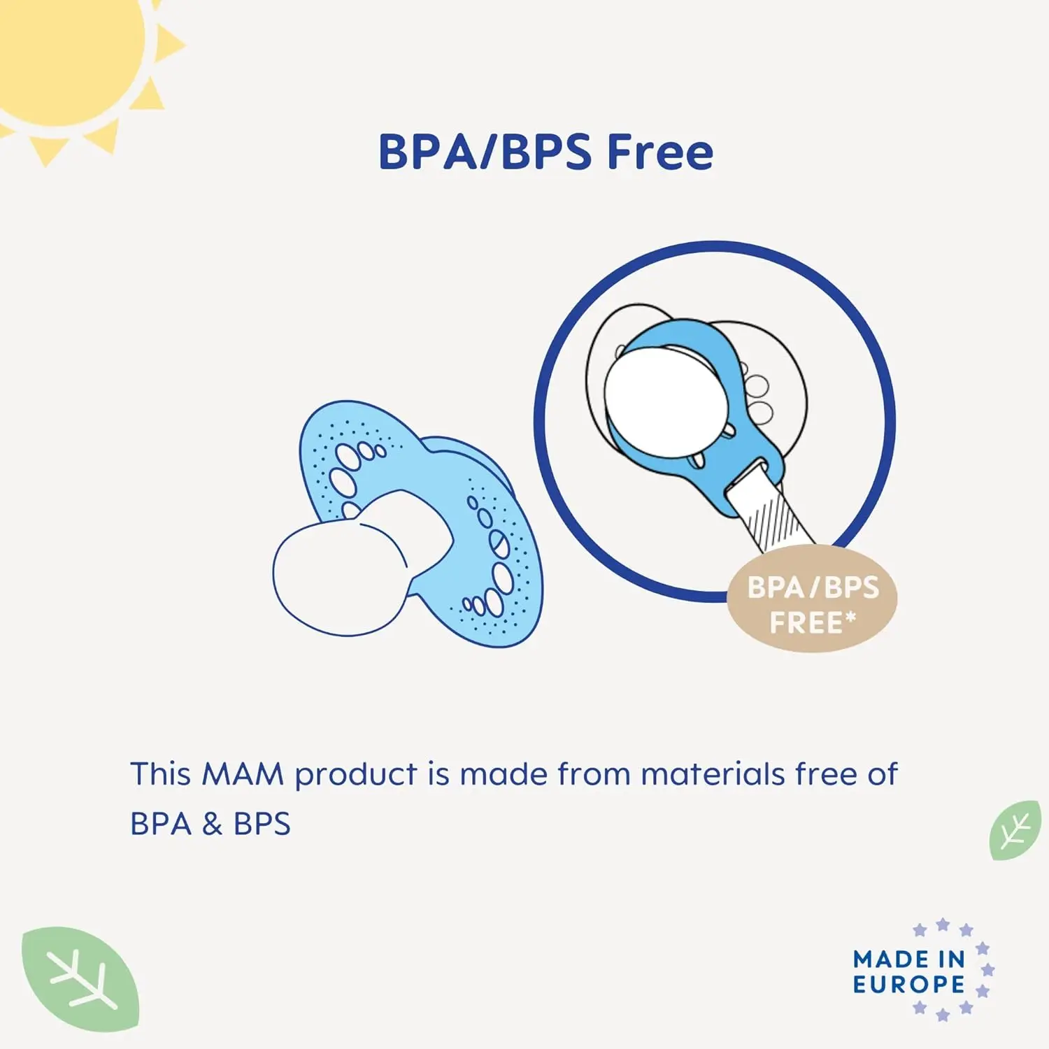 Two MAM pacifier clips with flexible rings and fasteners, designed for boys and compatible with most pacifier brands to keep them clean and secure.