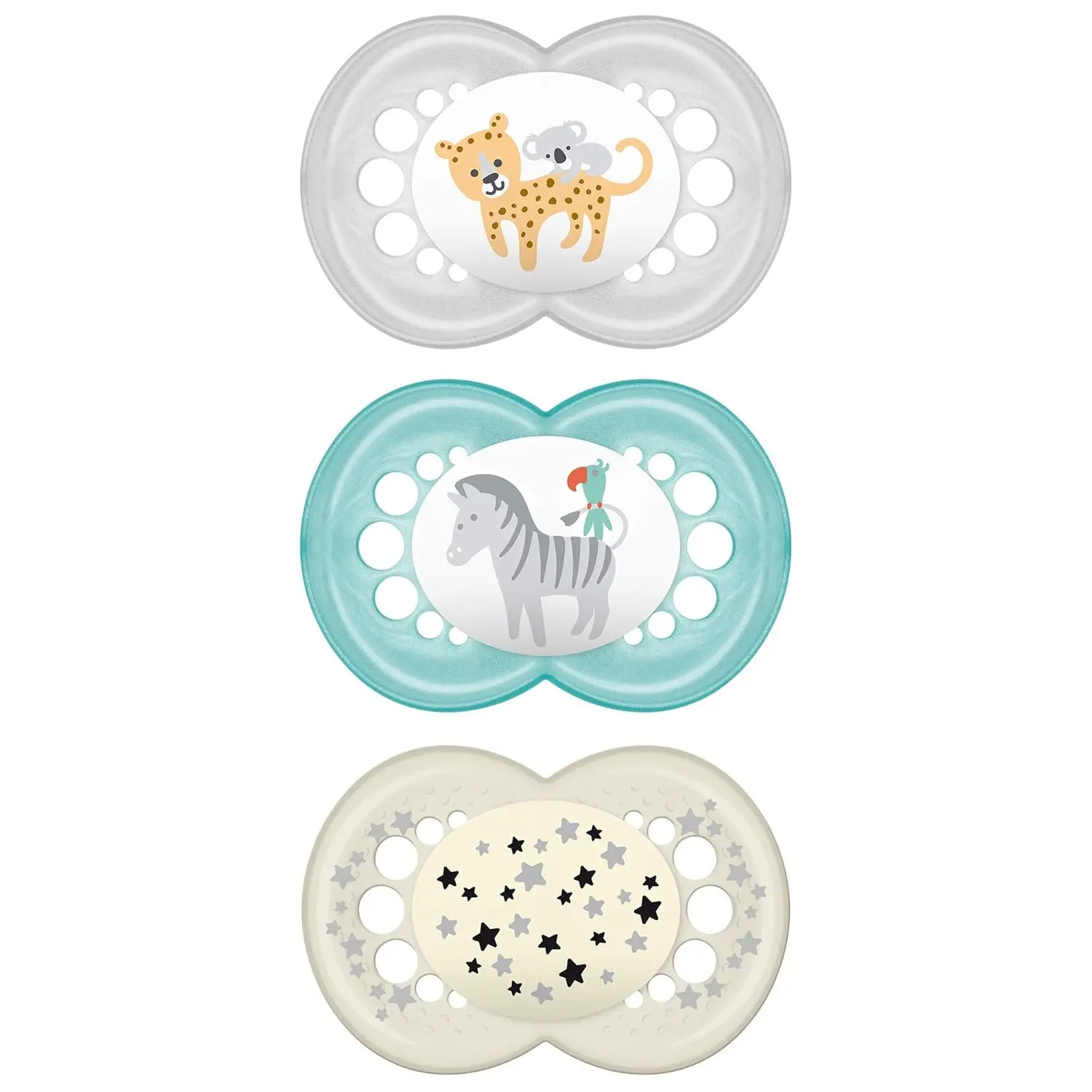 This 3-pack of MAM baby pacifiers includes one glow-in-the-dark pacifier for nighttime and features a SkinSoft silicone nipple designed for healthy oral development in babies 6-16 months.