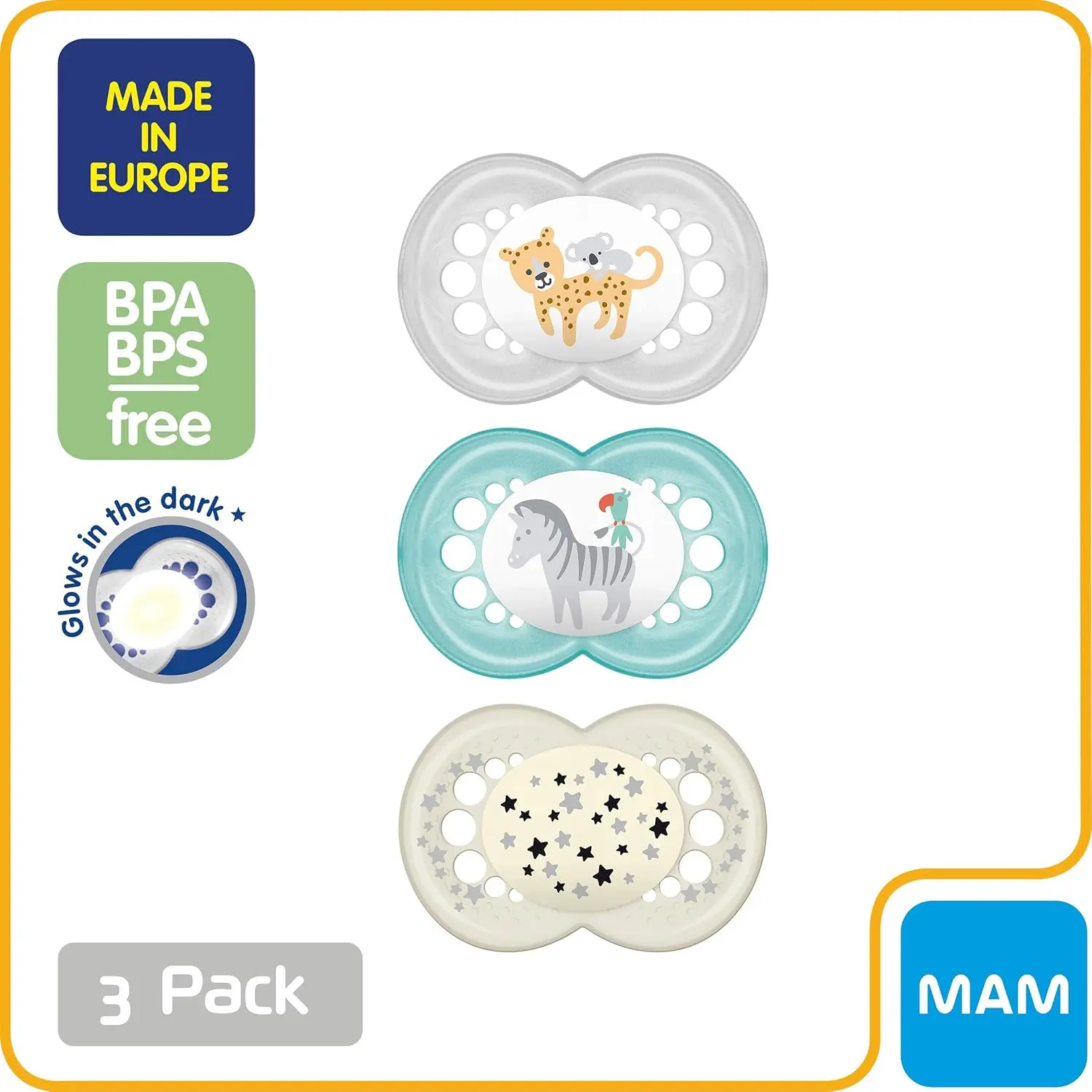 This 3-pack of MAM baby pacifiers includes one glow-in-the-dark pacifier for nighttime and features a SkinSoft silicone nipple designed for healthy oral development in babies 6-16 months.