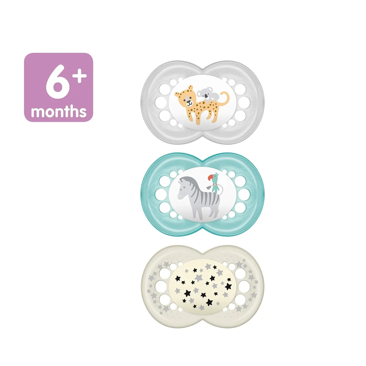 This 3-pack of MAM baby pacifiers includes one glow-in-the-dark pacifier for nighttime and features a SkinSoft silicone nipple designed for healthy oral development in babies 6-16 months.