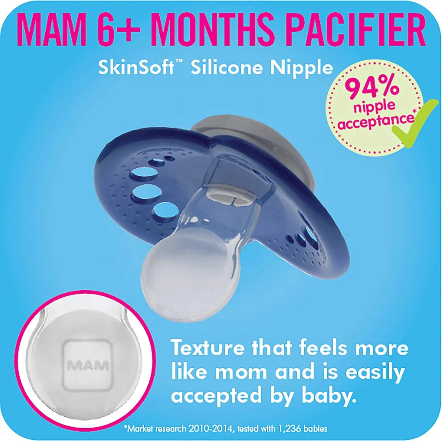 This 3-pack of MAM baby pacifiers includes one glow-in-the-dark pacifier for nighttime and features a SkinSoft silicone nipple designed for healthy oral development in babies 6-16 months.