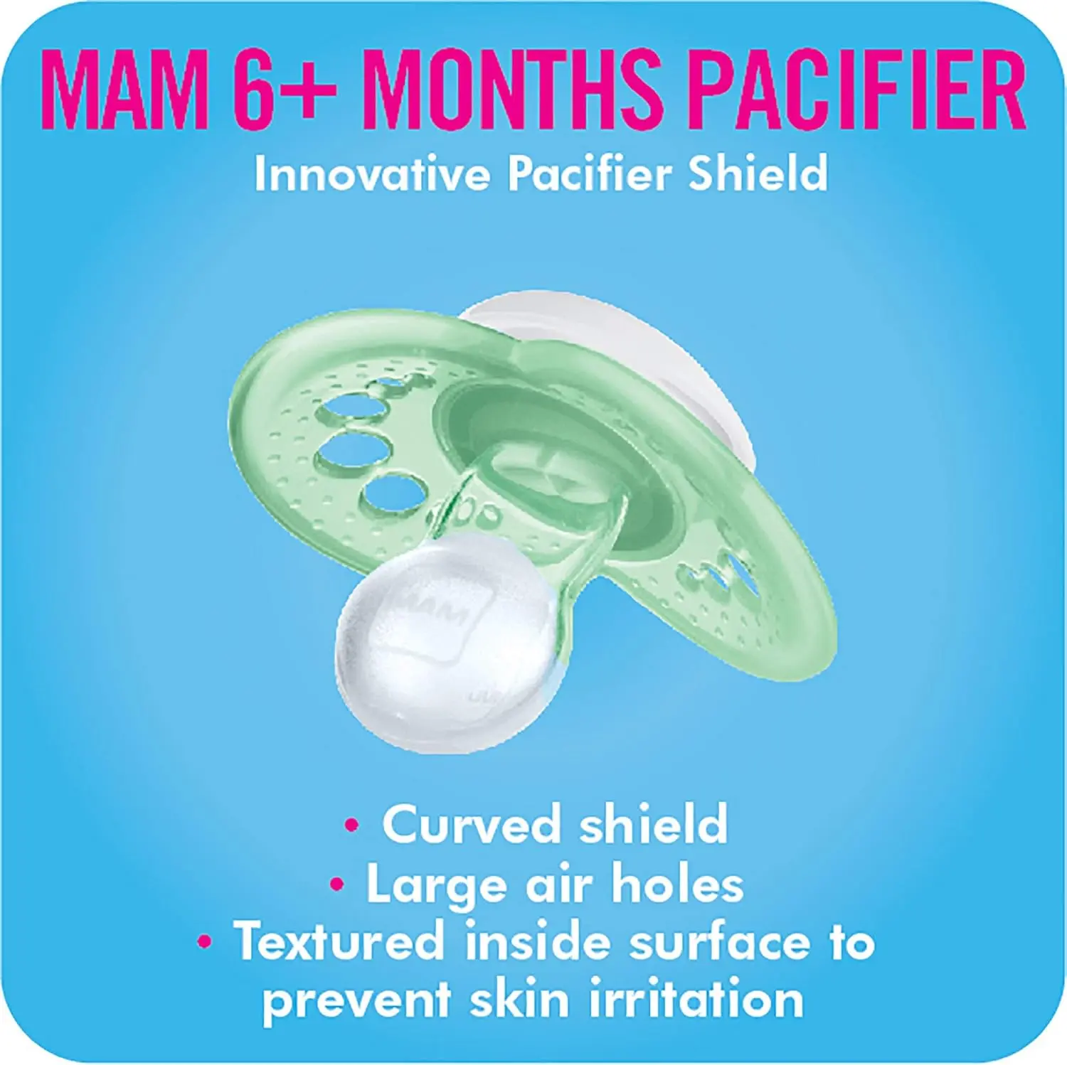 This 3-pack of MAM baby pacifiers includes one glow-in-the-dark pacifier for nighttime and features a SkinSoft silicone nipple designed for healthy oral development in babies 6-16 months.