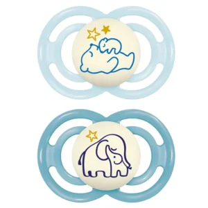 The MAM Perfect Night pacifier is designed for babies 6 months and older, featuring a glow-in-the-dark button, a SkinSoft silicone nipple, and comes in a sterilizing case.