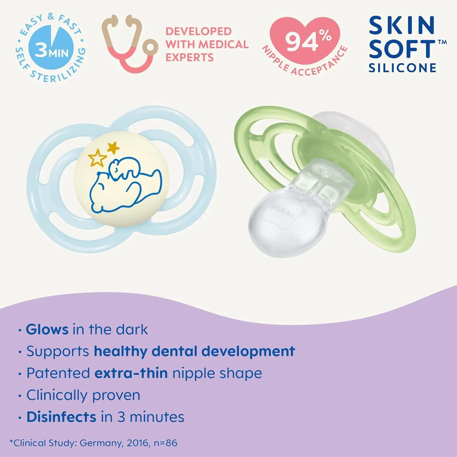 The MAM Perfect Night pacifier is designed for babies 6 months and older, featuring a glow-in-the-dark button, a SkinSoft silicone nipple, and comes in a sterilizing case.